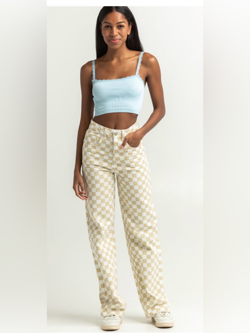 RSQ Beige and White Checkered High Rise Pants Size 25